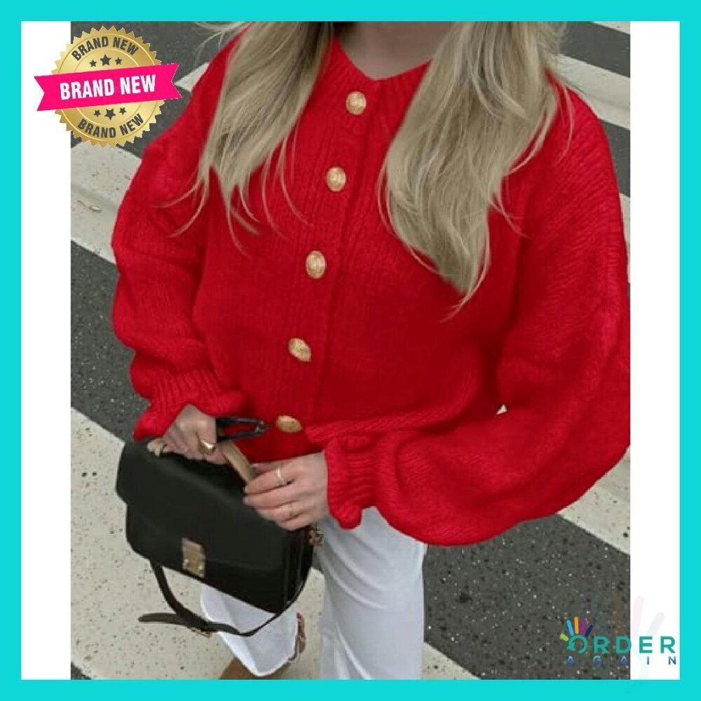 Cropped Cardigan Chunky Knit Ruffle Sleeve Oversized Button Front Fall Sweater - Picture 4 of 8